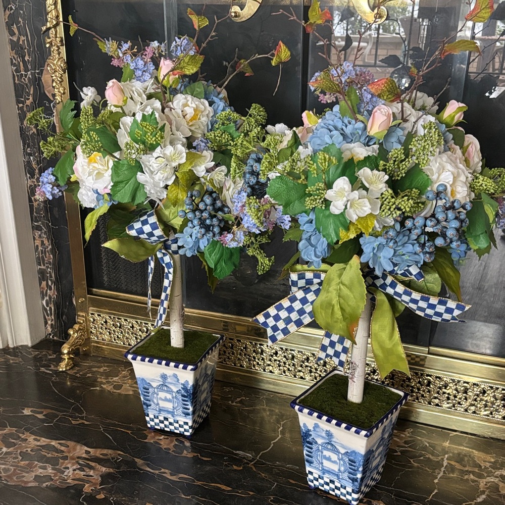 Floral Arrangement with Blue and White Checkered Pot